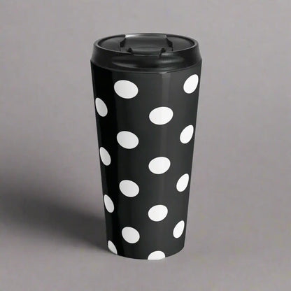 Black and white polka dot stainless steel travel mug with eco-friendly design and black lid for large drinks