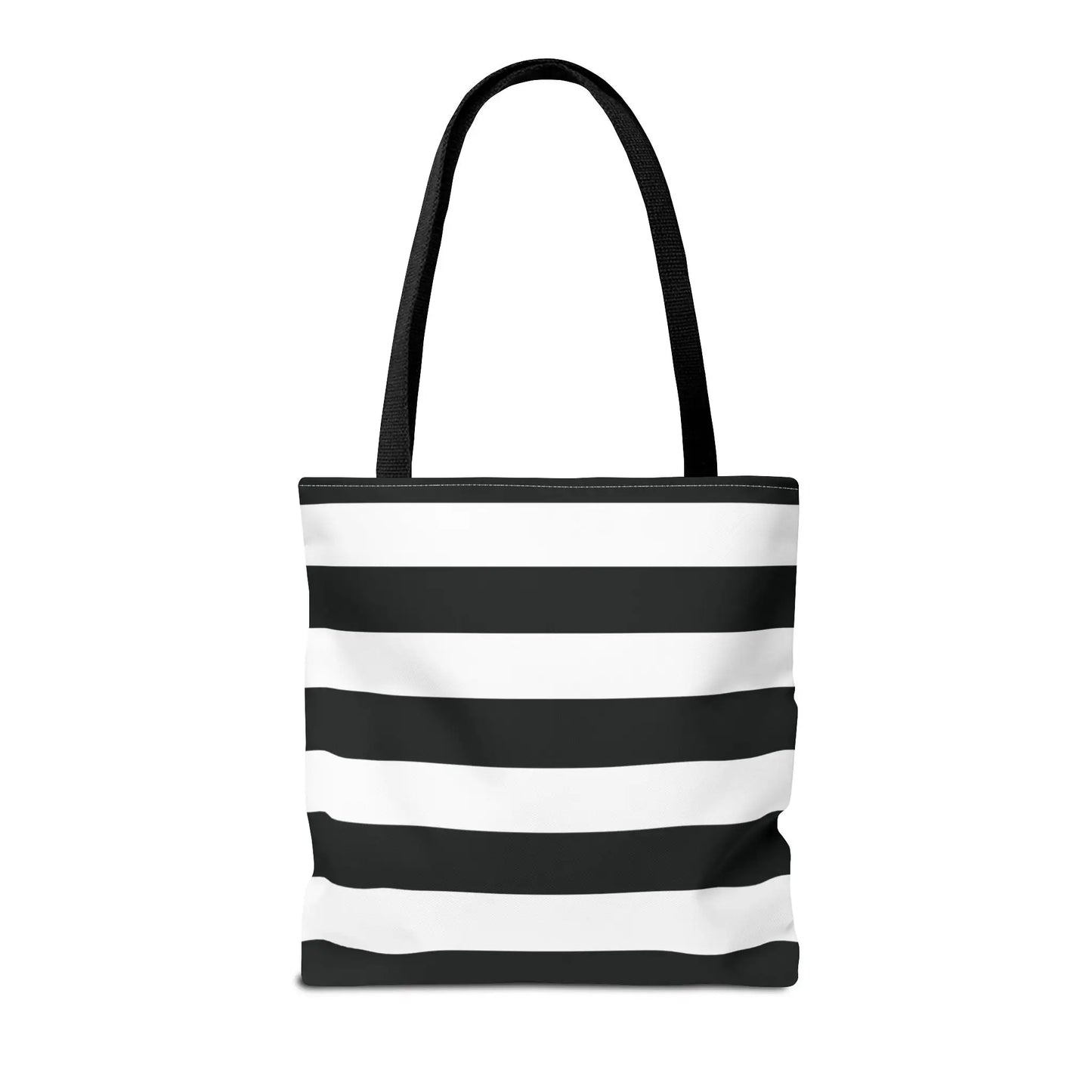 Black and white shoulder tote bag with stripes and black fabric handles perfect as a white shoulder tote or beach bag