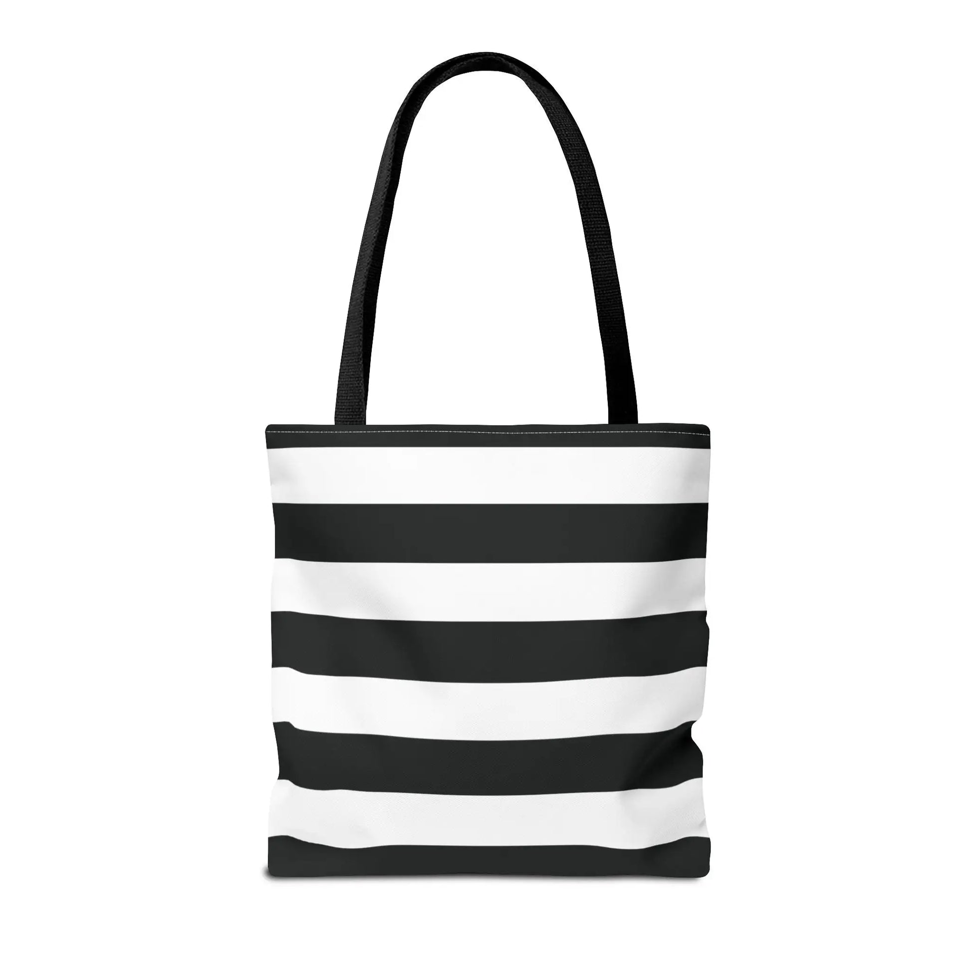 Black and white shoulder tote bag with stripes and black fabric handles perfect as a white shoulder tote or beach bag