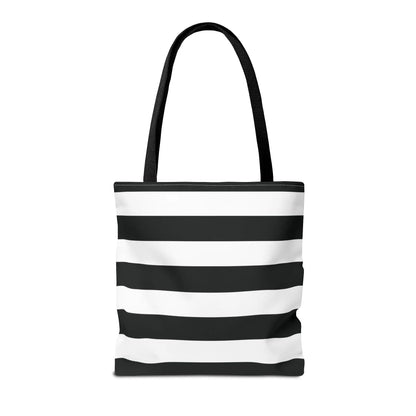 Black and white shoulder tote bag with stripes and black fabric handles perfect as a white shoulder tote or beach bag