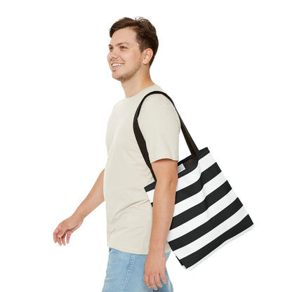Black and white horizontally striped canvas white shoulder tote bag with sturdy black handles for beach or grocery use