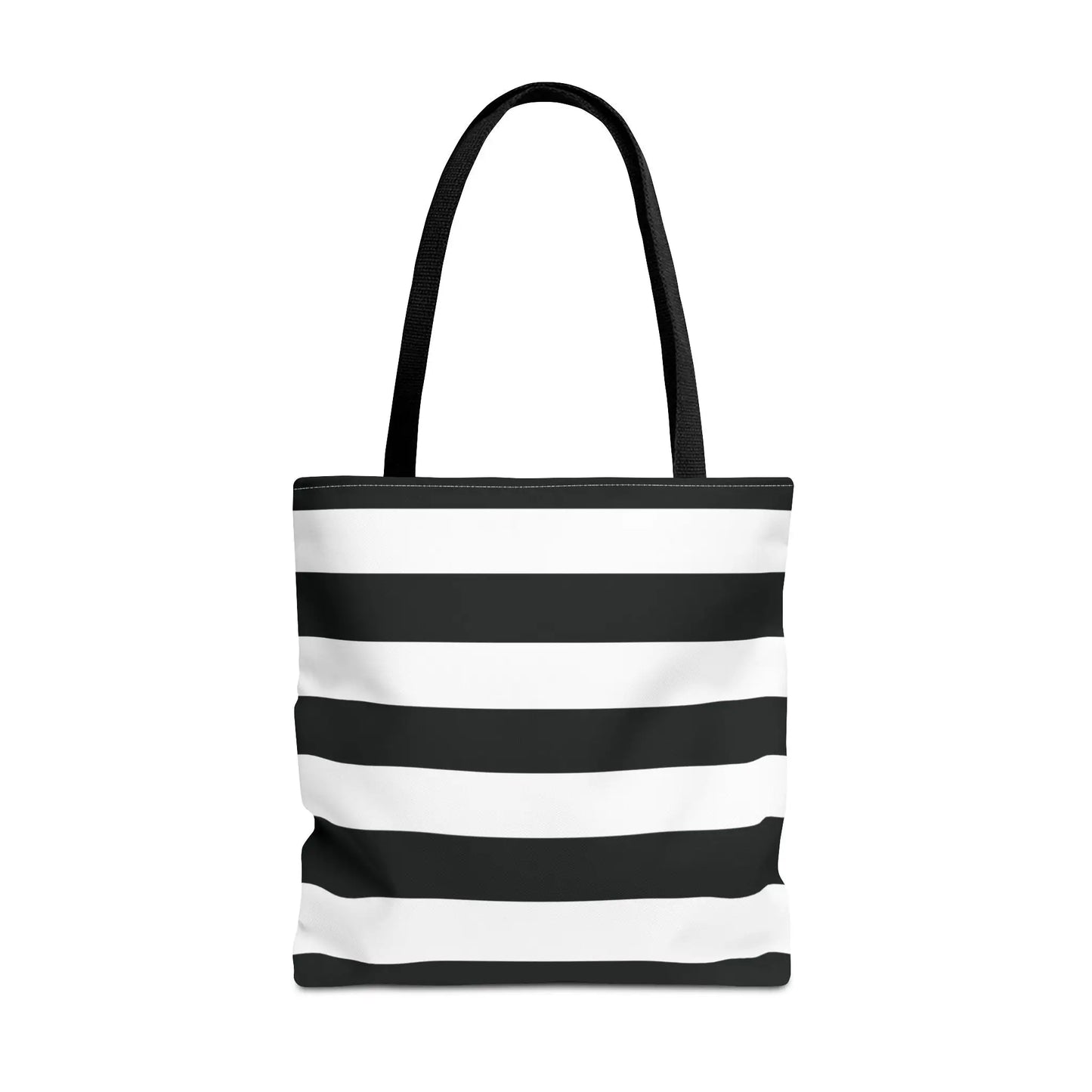 Black and white shoulder tote bag with horizontal stripes and black fabric handles perfect as a white shoulder tote
