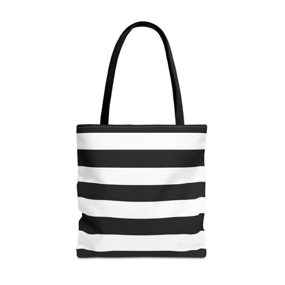 Black and white shoulder tote bag with horizontal stripes and black fabric handles perfect as a white shoulder tote