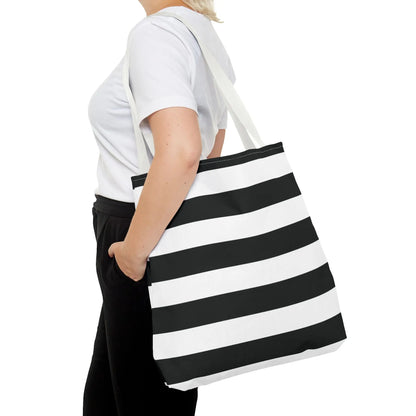 Black and white shoulder tote bag with canvas material and matching strap perfect for groceries or beach use