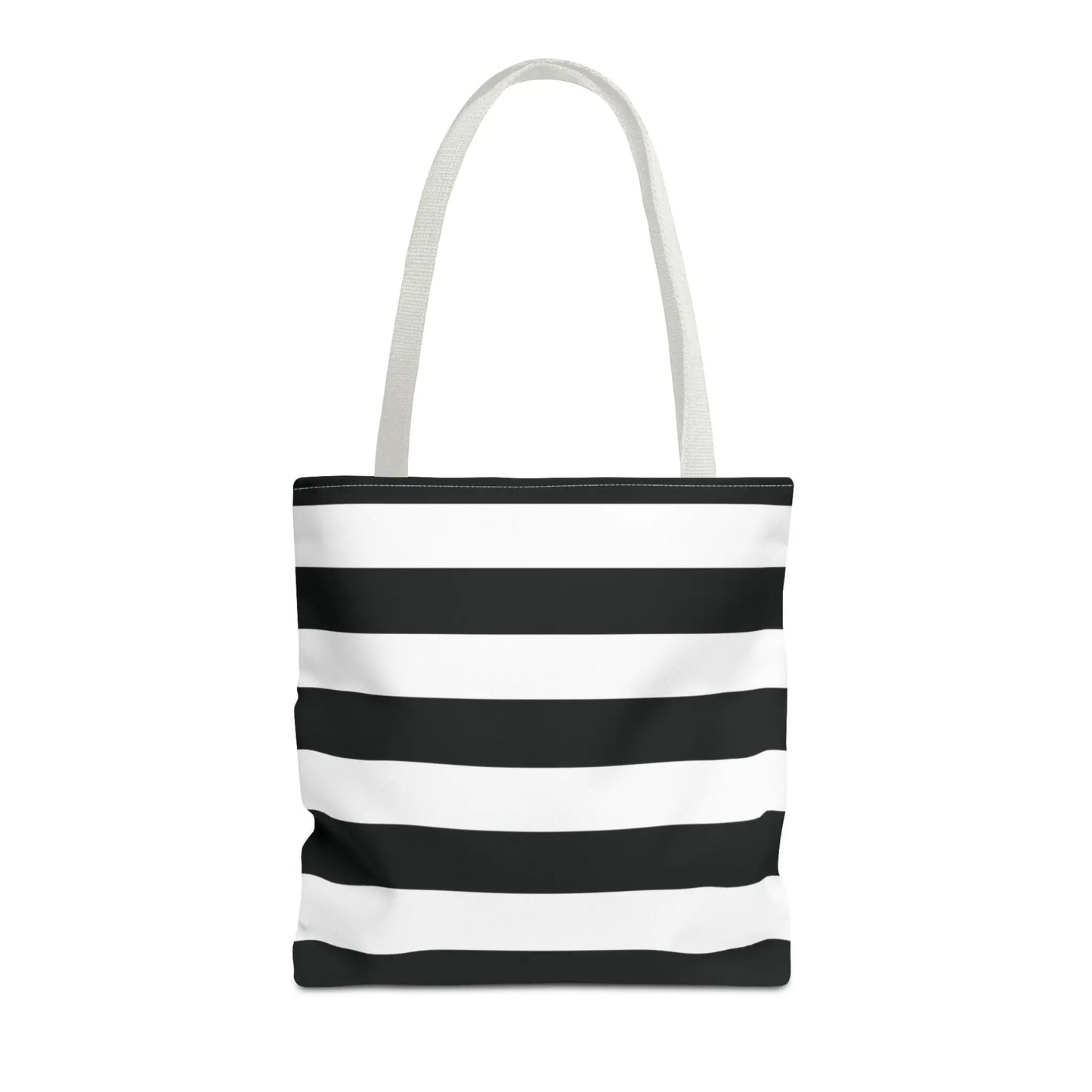 Black and white shoulder tote bag with horizontal stripes canvas material and matching white shoulder handles for beach or grocery use