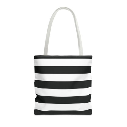 Black and white shoulder tote bag with horizontal stripes canvas material and matching white shoulder handles for beach or grocery use