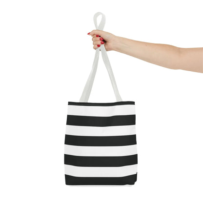 Black and white shoulder tote bag with horizontal stripes and matching handles perfect for groceries and beach use
