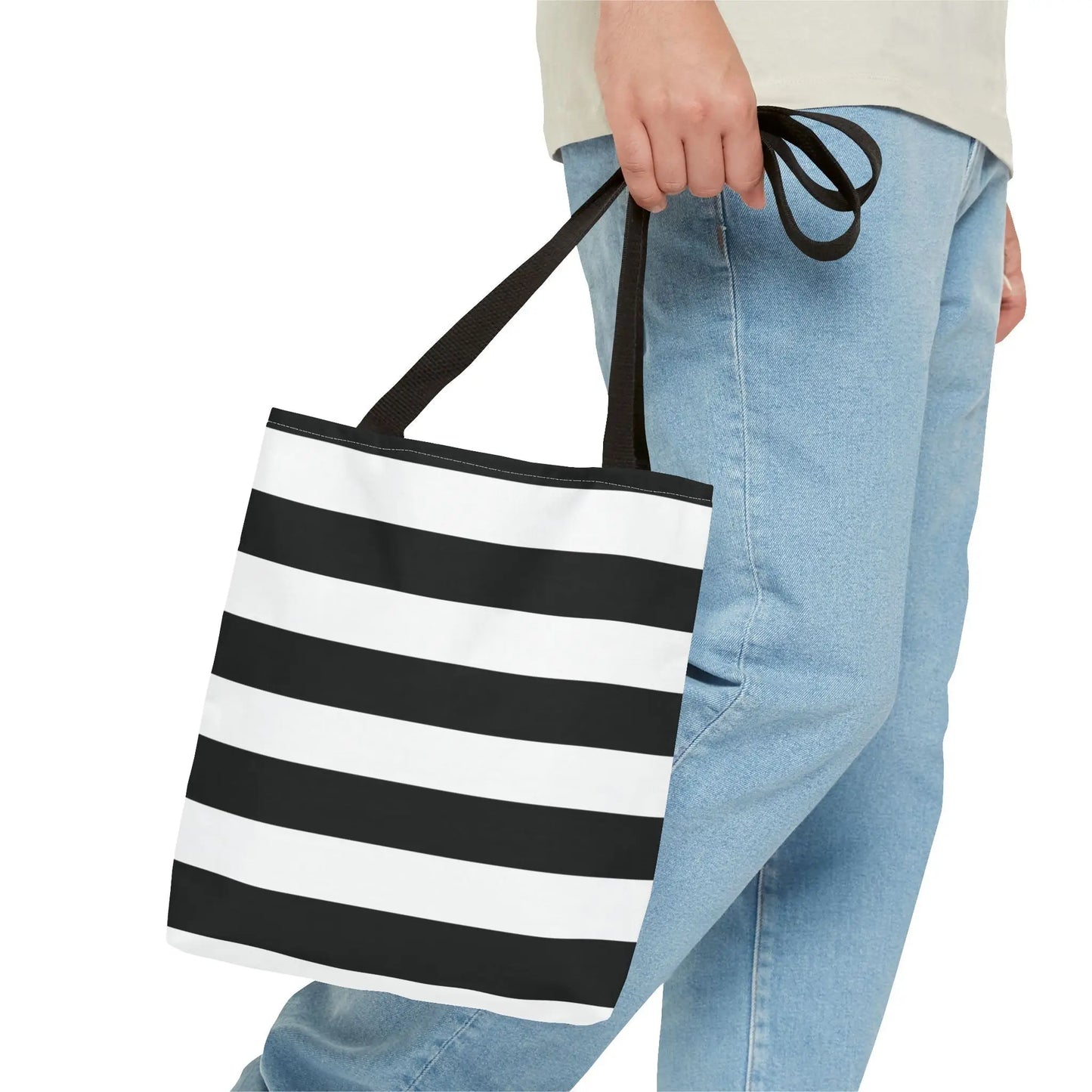 Black and white horizontally striped canvas white shoulder tote bag with black fabric handles for beach or grocery use