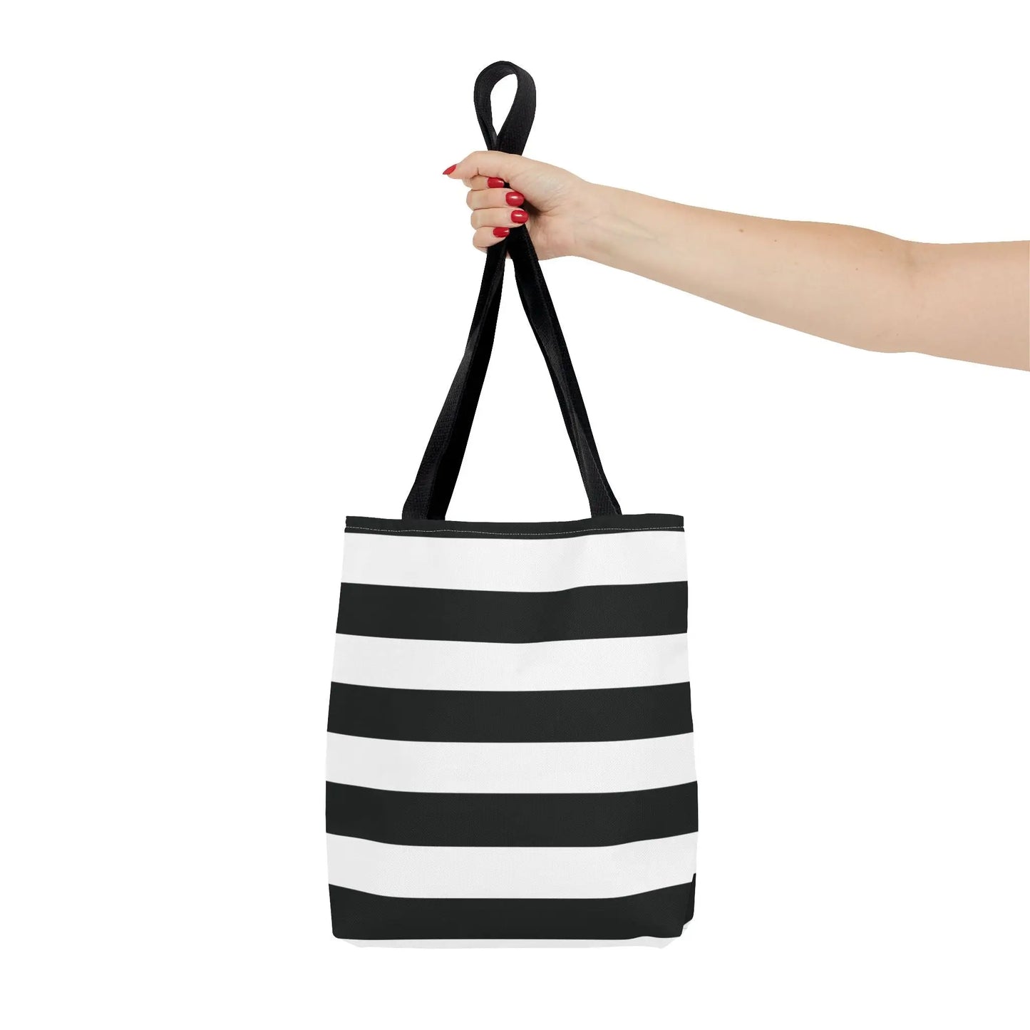 Black and white striped canvas white shoulder tote with black fabric handles perfect as a chic beach tote or grocery bag
