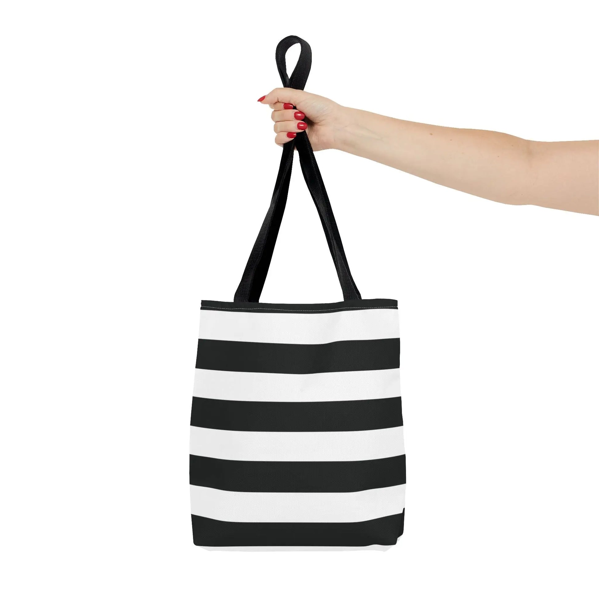 Black and white striped canvas white shoulder tote with black fabric handles perfect as a chic beach tote or grocery bag