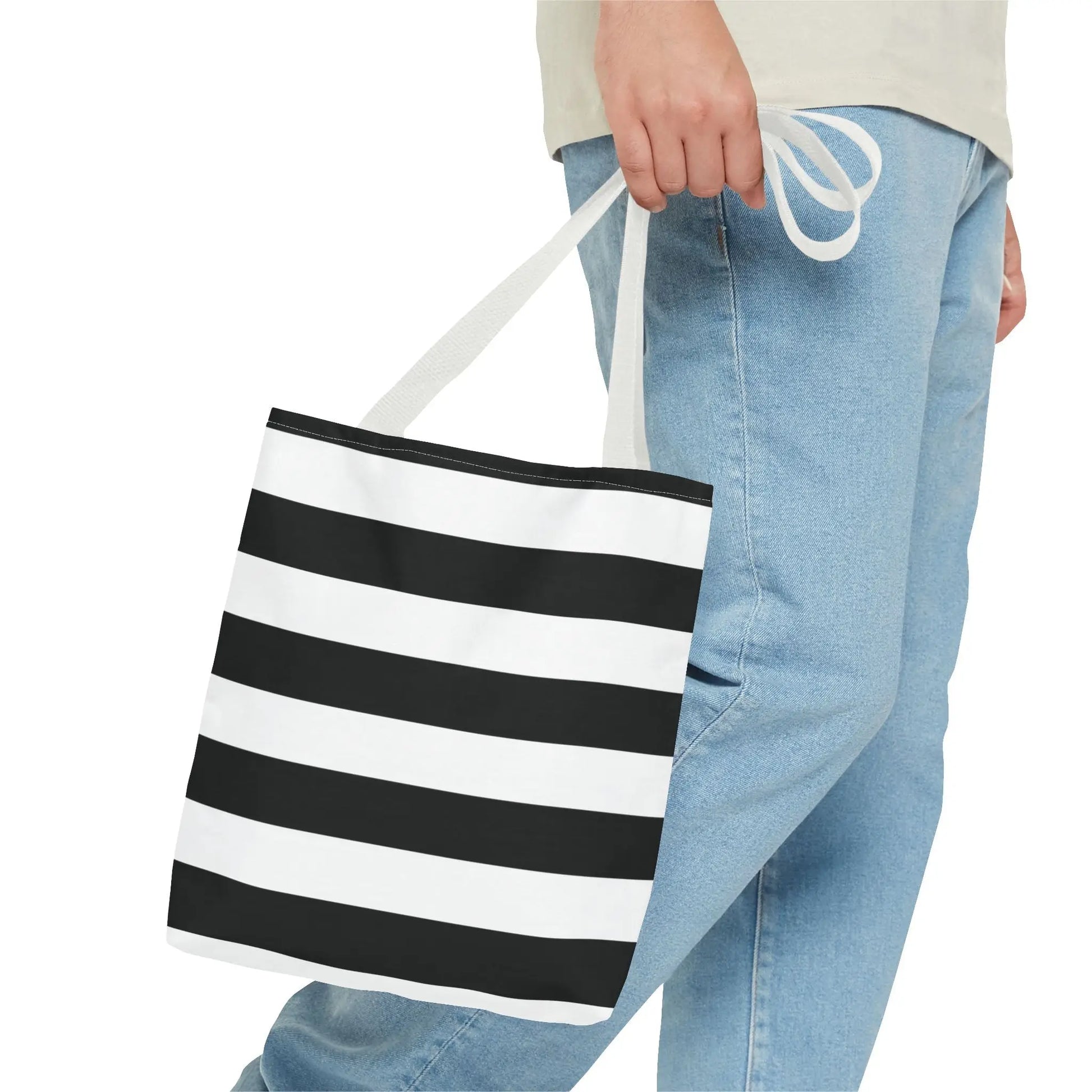 Black and white shoulder tote bag striped canvas tote with matching handles perfect stylish grocery or beach tote