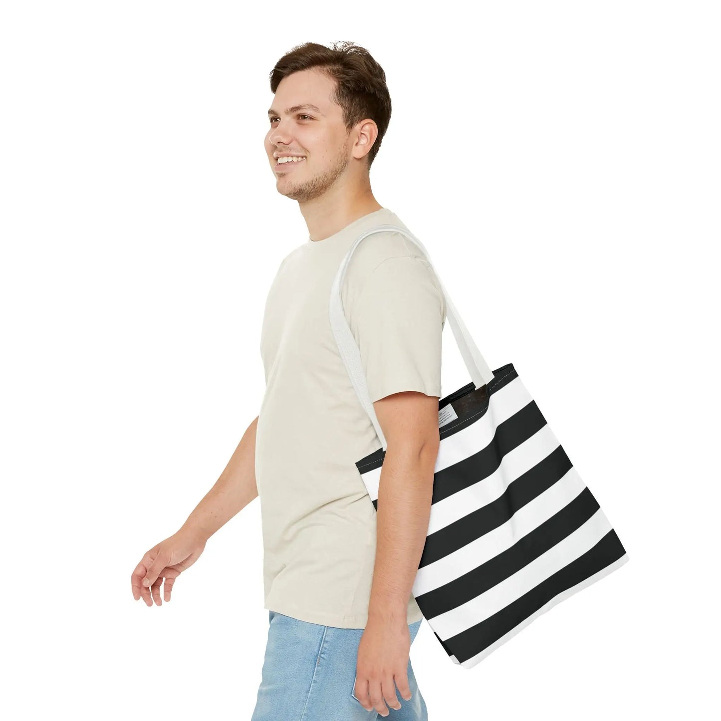 Black and white shoulder tote bag with horizontal stripes canvas sturdy handle stylish grocery and beach tote