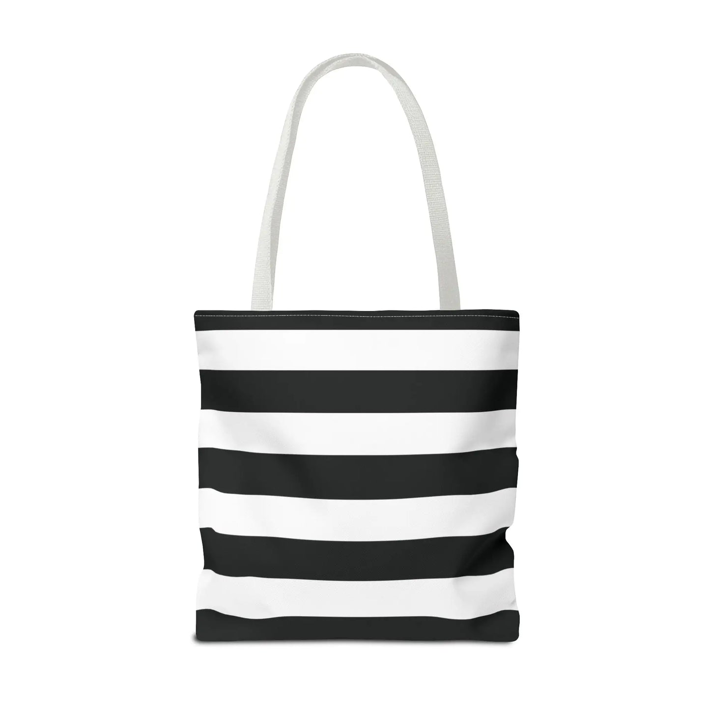 Black and white shoulder tote bag with horizontal stripes and matching fabric handles perfect for beach or grocery use