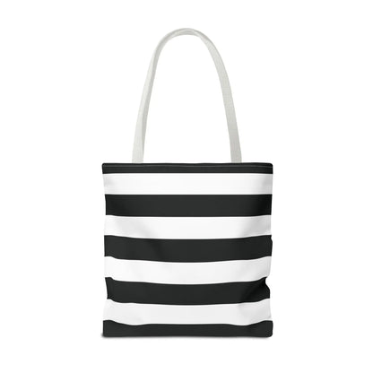 Black and white shoulder tote bag with horizontal stripes and matching fabric handles perfect for beach or grocery use