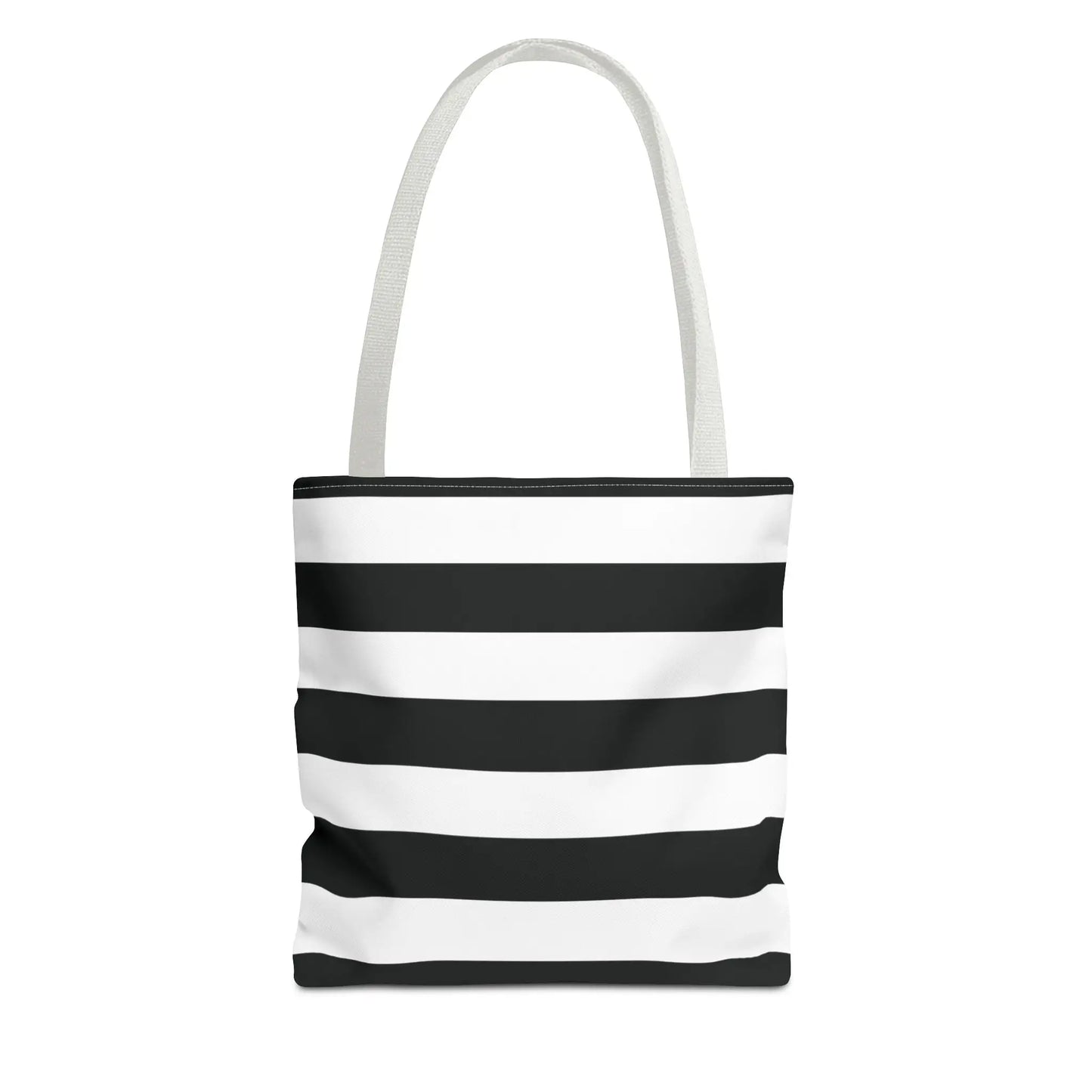 Black and white shoulder tote bag with horizontal stripes and matching fabric handles for stylish use