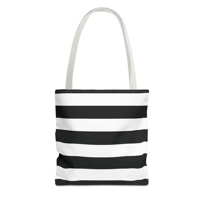 Black and white shoulder tote bag with horizontal stripes and matching fabric handles for stylish use