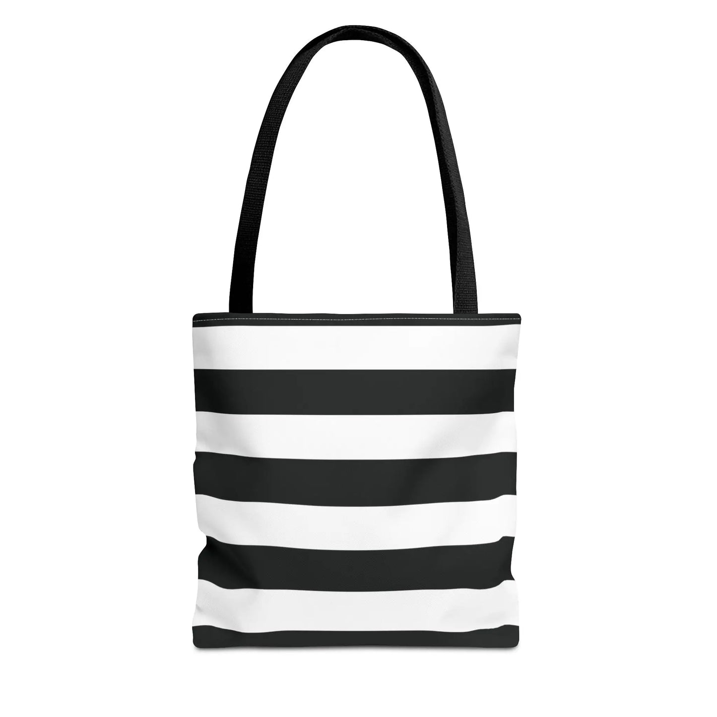 Black and white shoulder tote bag with horizontal stripes and black fabric handles perfect for beach or grocery use
