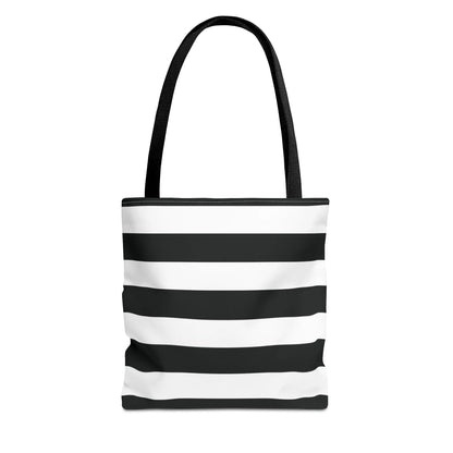 Black and white shoulder tote bag with horizontal stripes and black fabric handles perfect for beach or grocery use
