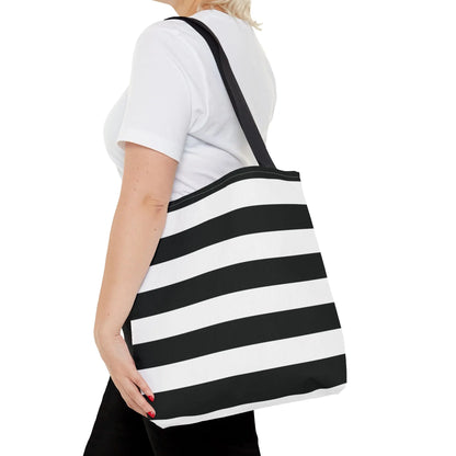 Black and white horizontally striped canvas shoulder tote bag with black strap perfect as a white shoulder tote