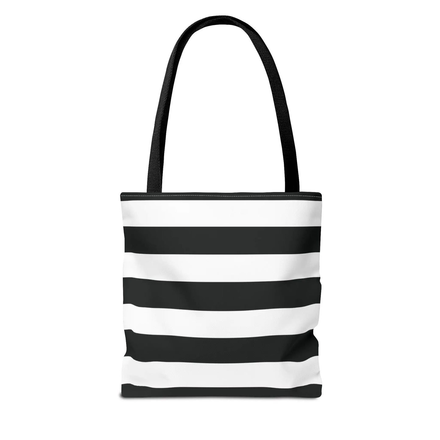 Black and white shoulder tote bag with horizontal canvas stripes and black fabric handles ideal for beach or groceries