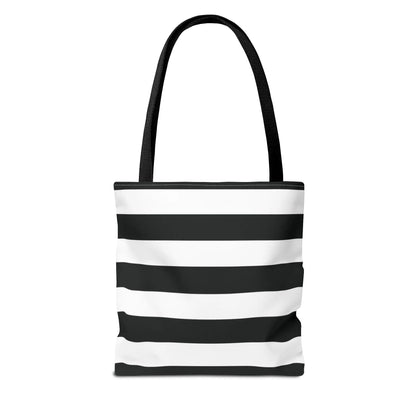 Black and white shoulder tote bag with horizontal canvas stripes and black fabric handles ideal for beach or groceries