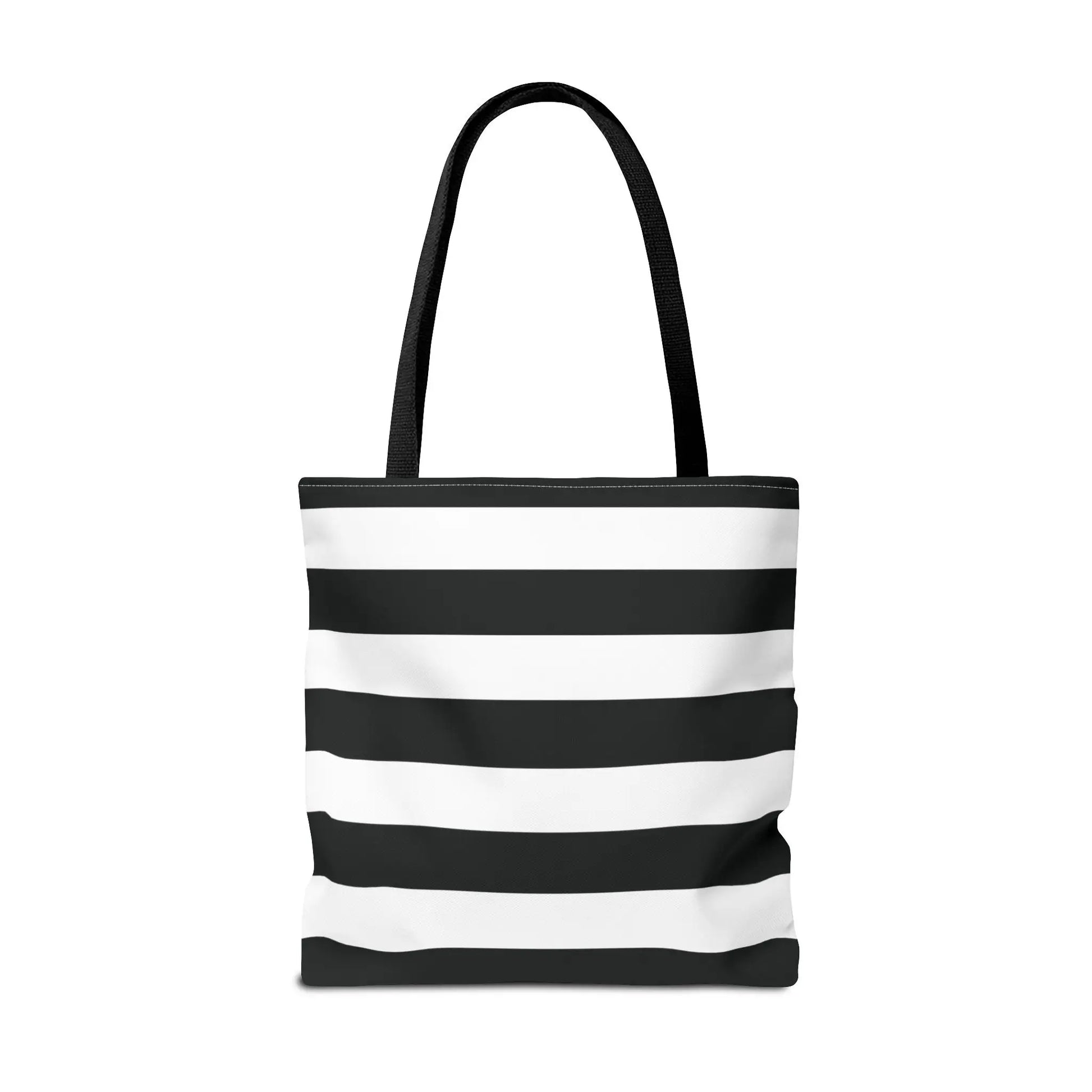 Black and white horizontally striped canvas white shoulder tote bag with black fabric handles for beach or grocery use