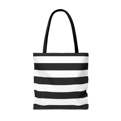 Black and white horizontally striped canvas white shoulder tote bag with black fabric handles for beach or grocery use