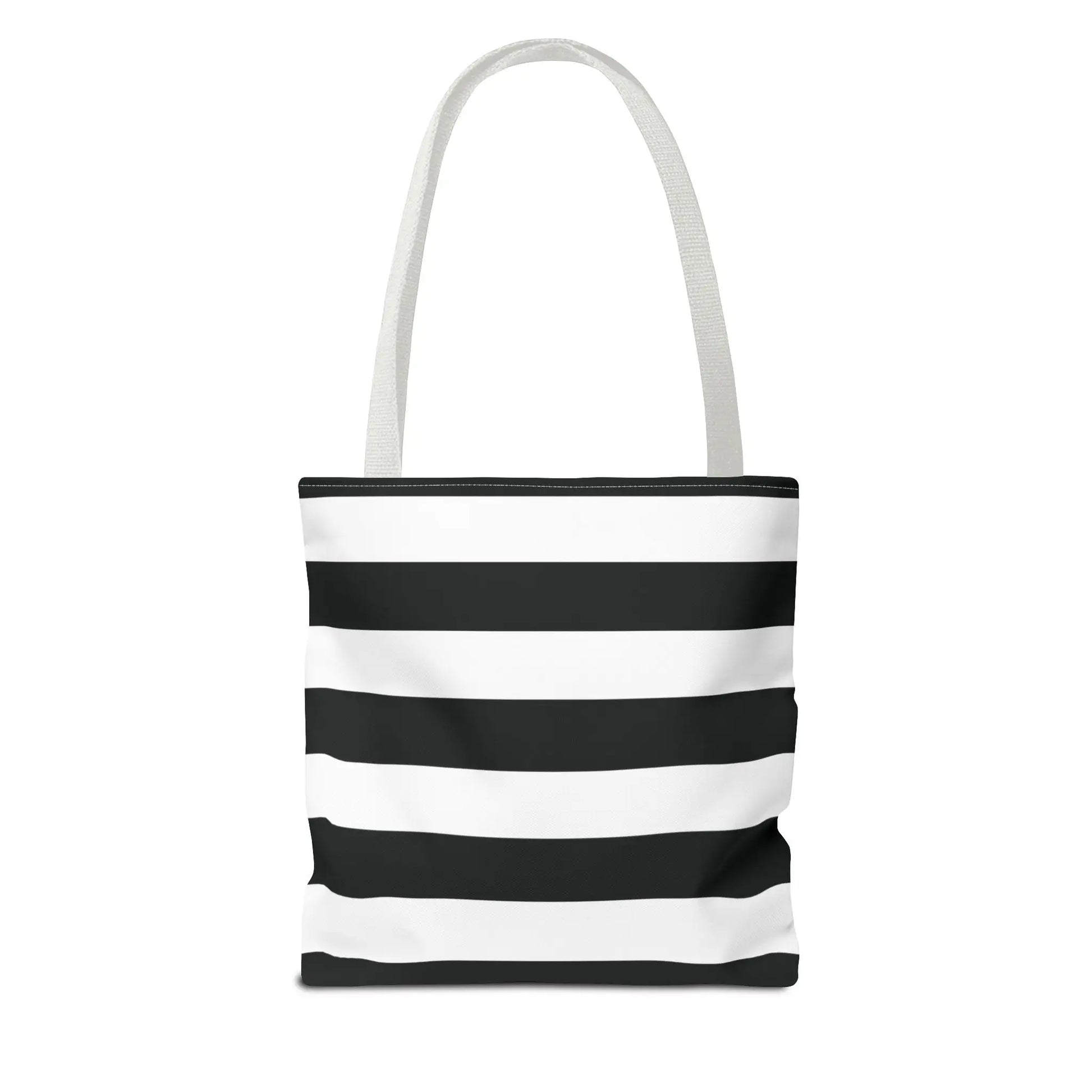 Black and white horizontally striped canvas white shoulder tote bag with matching fabric handles for beach or grocery use