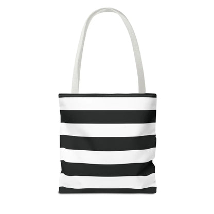 Black and white horizontally striped canvas white shoulder tote bag with matching fabric handles for beach or grocery use