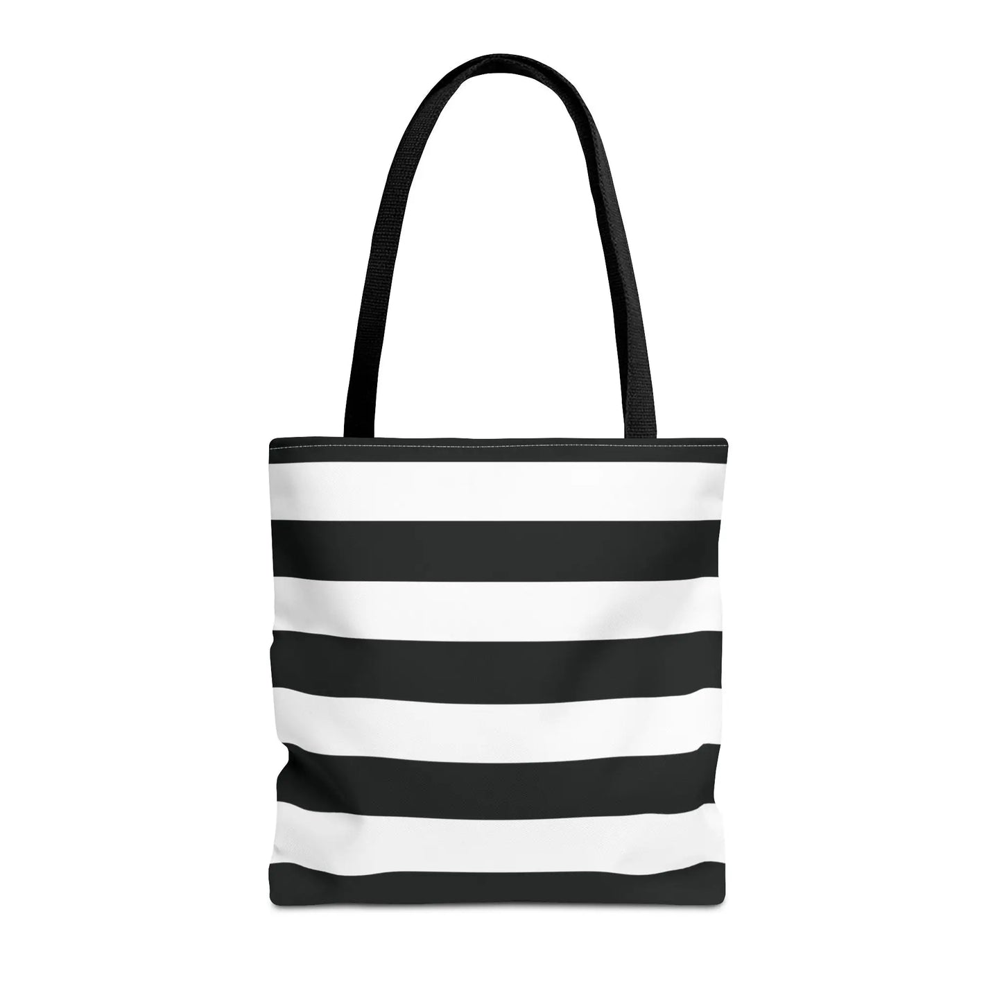 Black and white shoulder tote bag with horizontal stripes and black fabric handles perfect for beach or grocery use