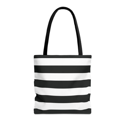 Black and white shoulder tote bag with horizontal stripes and black fabric handles perfect for beach or grocery use
