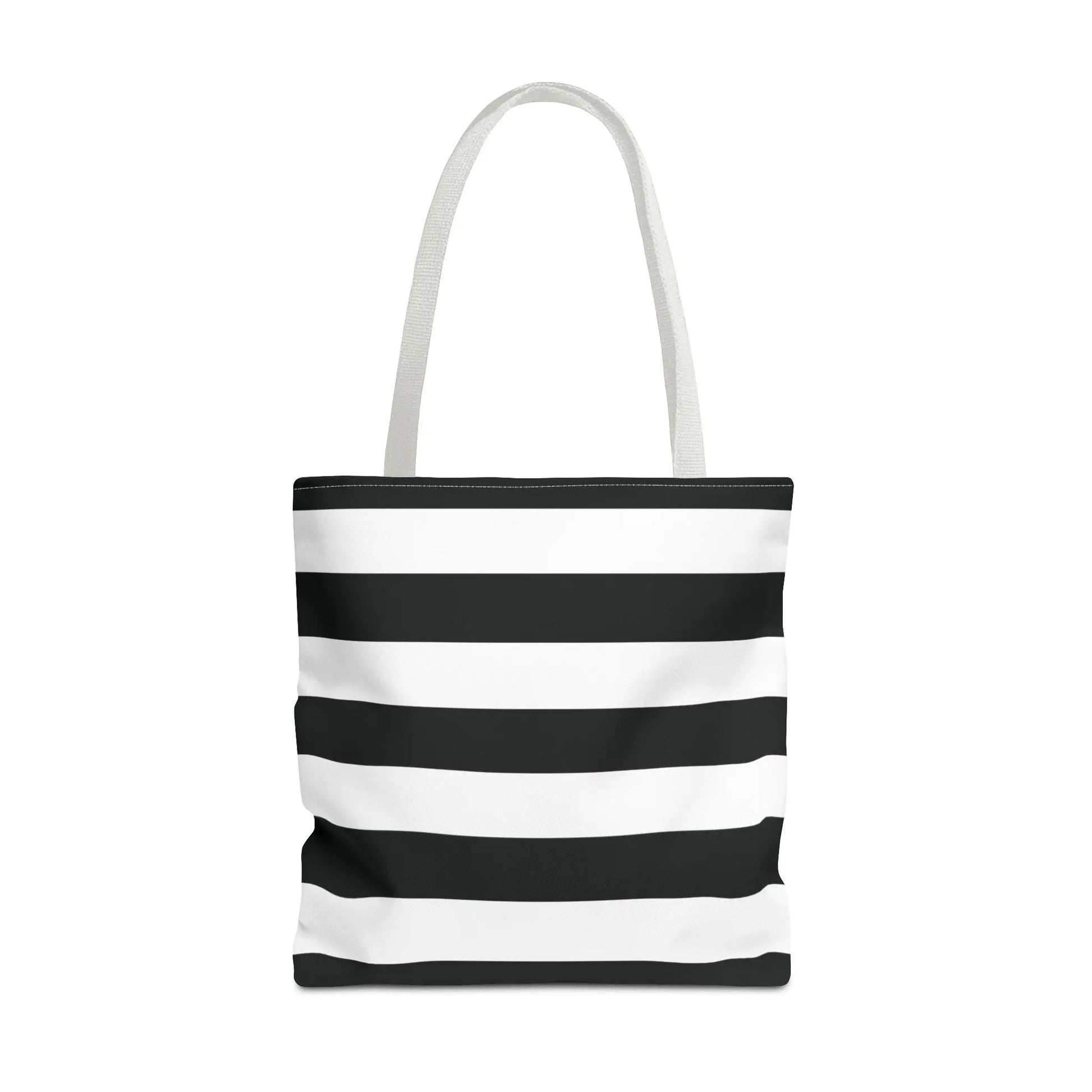 Black and white horizontally striped shoulder tote bag with matching handles perfect as a white shoulder tote
