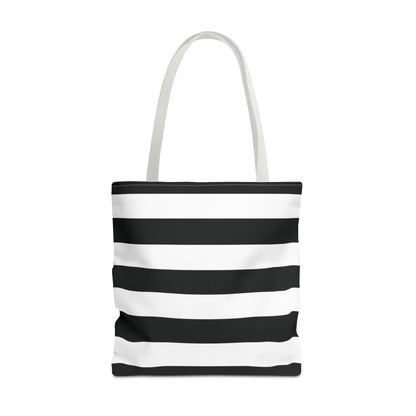 Black and white horizontally striped shoulder tote bag with matching handles perfect as a white shoulder tote