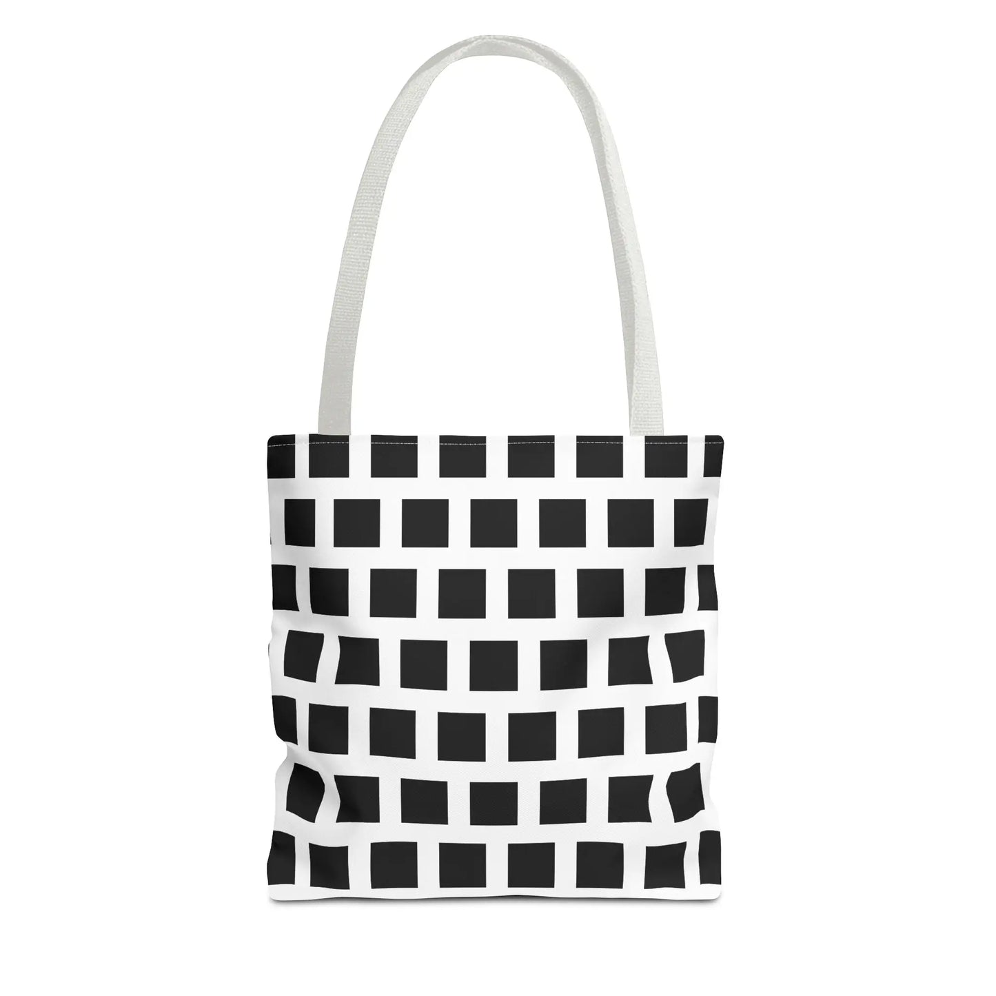 White canvas tote bag with black square pattern and matching white handles for versatile shoulder use