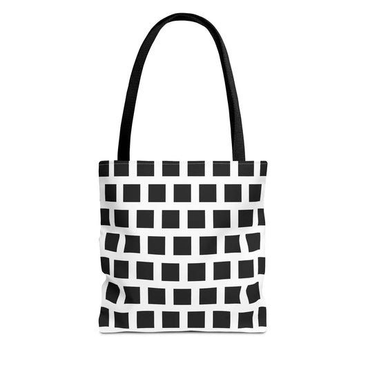 Black square pattern tote bag with sturdy fabric straps designed as a versatile and durable shoulder bag