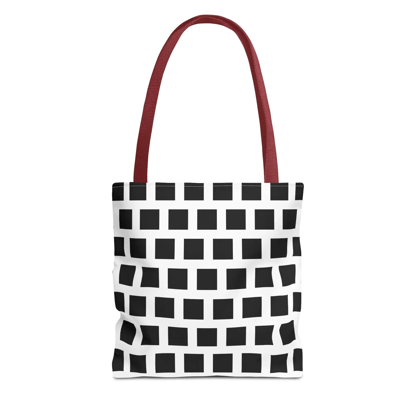 White tote bag with bold black square pattern and red fabric handles versatile and durable shoulder bag