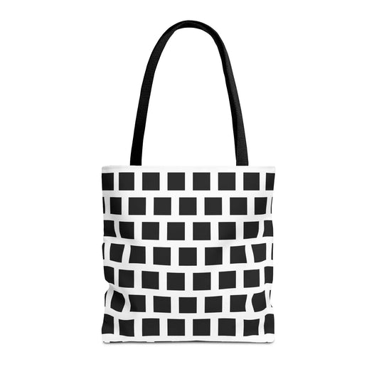 Black and white grid patterned black square pattern tote bag with sturdy black fabric handles for versatile use