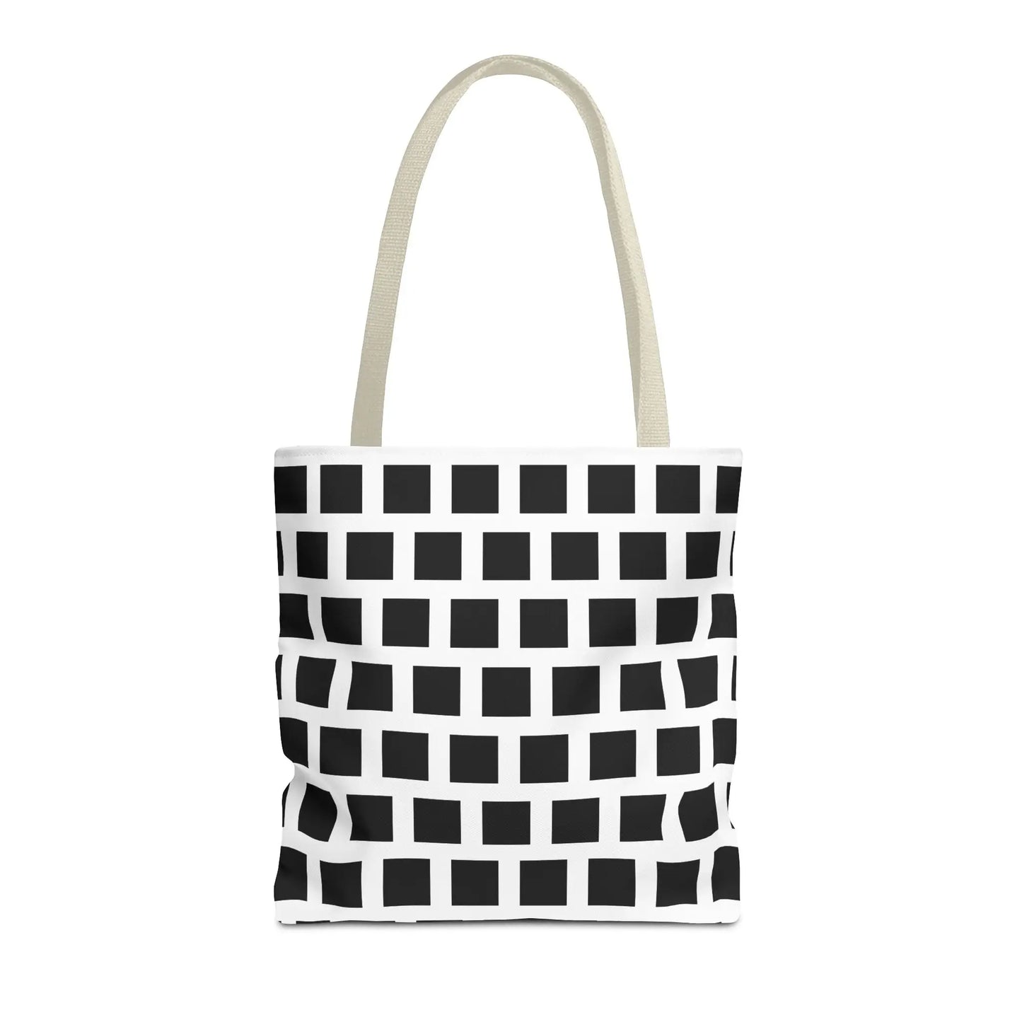 White canvas tote bag with black square pattern and cream-colored handles for versatile durable use