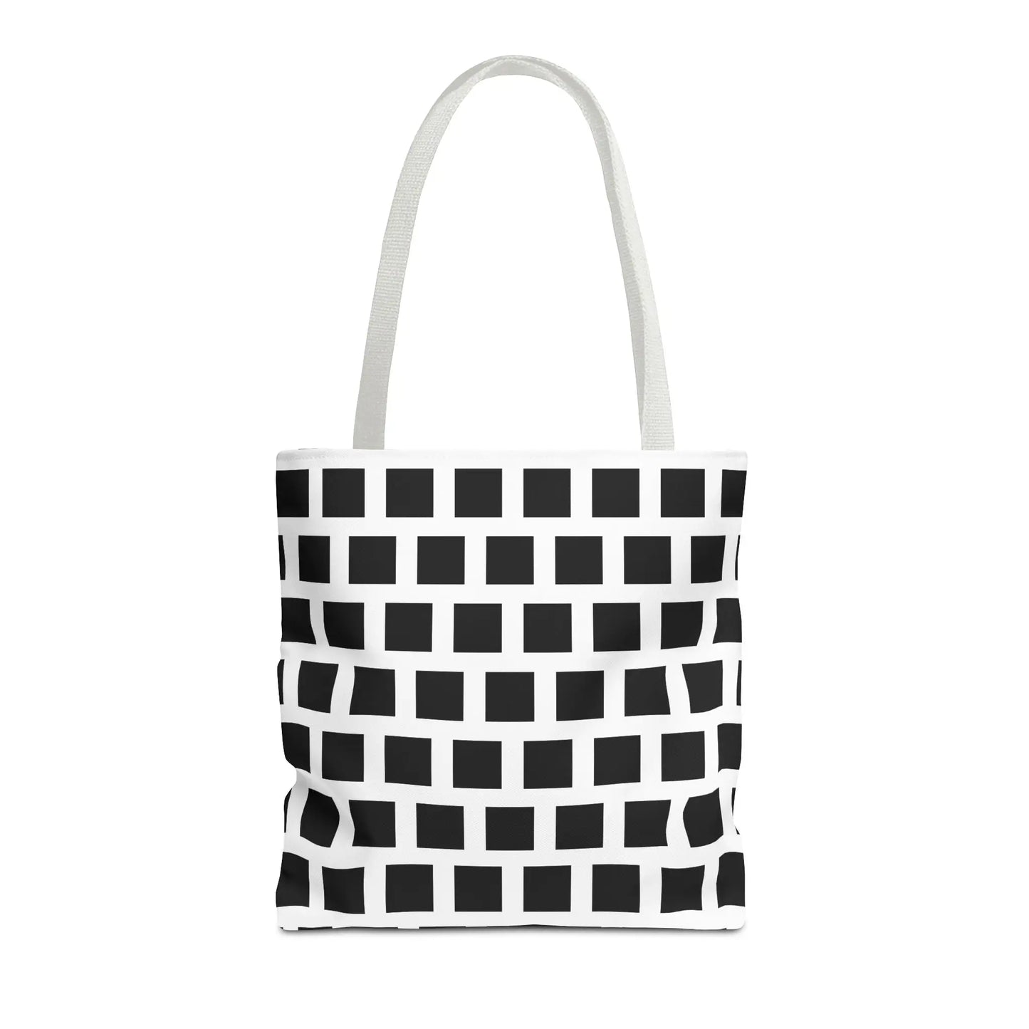 White canvas tote bag with black square pattern and matching white handles for versatile use