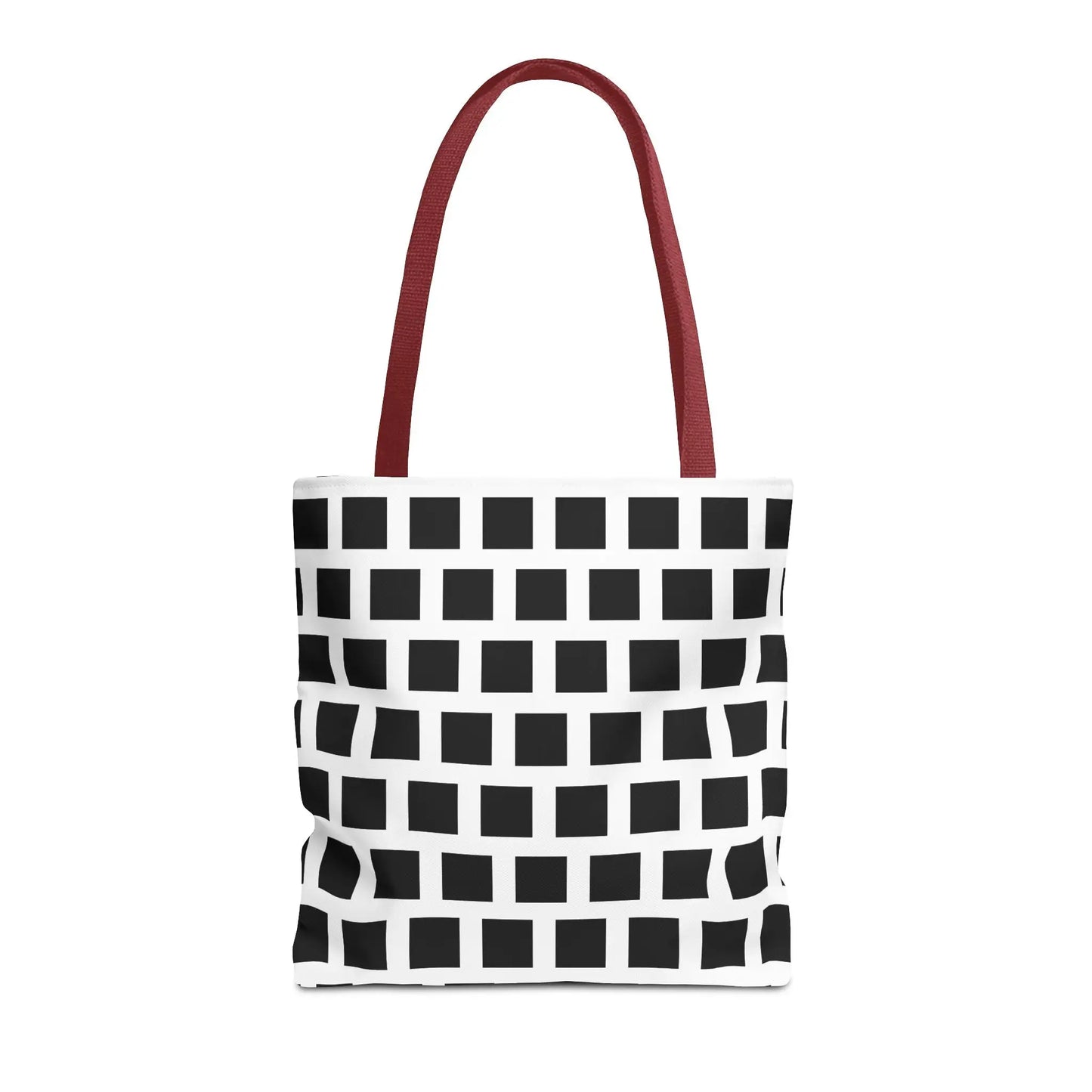 White tote bag with black square pattern and red handles versatile and durable shoulder bag