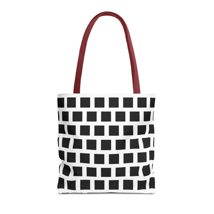 White tote bag with black square pattern and red handles versatile and durable shoulder bag