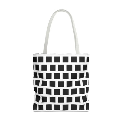 Black square pattern white tote bag with matching handles versatile and durable shoulder bag