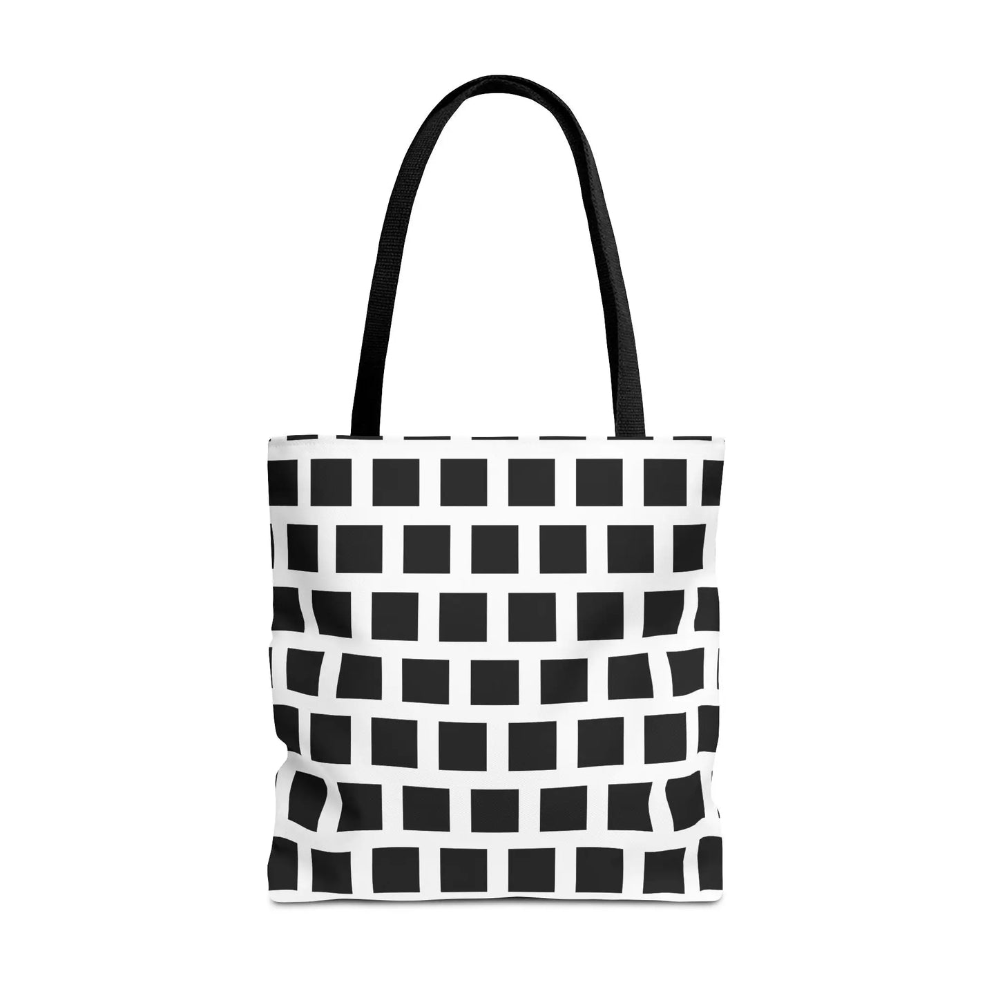 Black and white grid-patterned tote bag with sturdy fabric handles featuring a black square pattern design