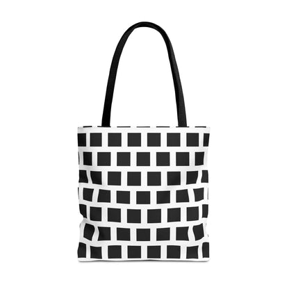 Black and white grid-patterned tote bag with sturdy fabric handles featuring a black square pattern design