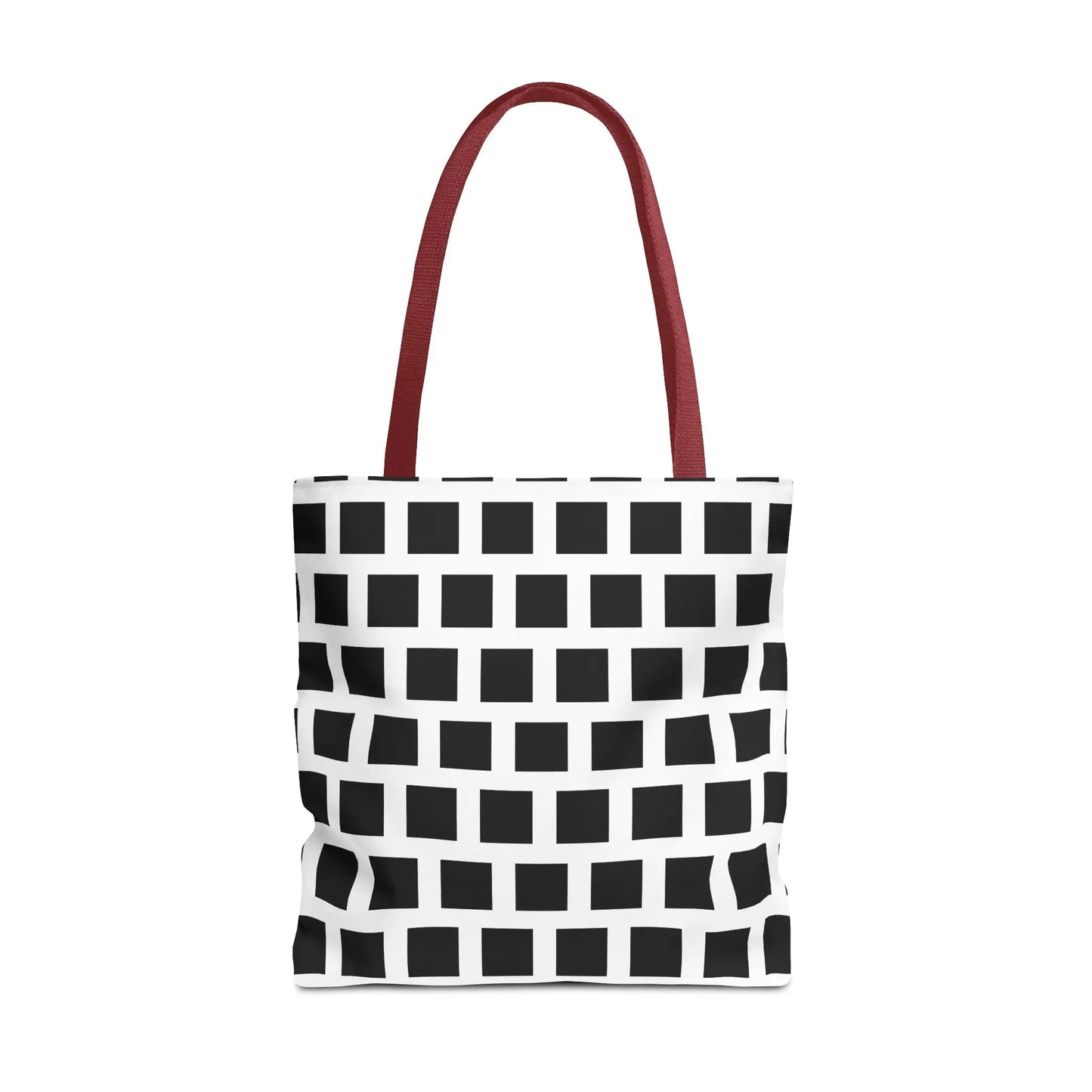 White tote bag with bold black square pattern and red fabric handles versatile durable shoulder bag