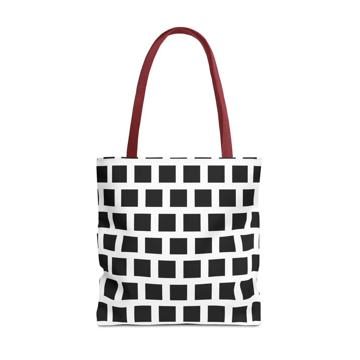 White tote bag with bold black square pattern and red fabric handles versatile durable shoulder bag