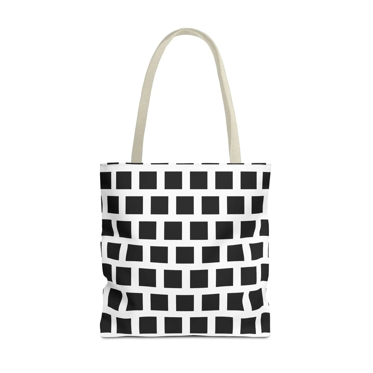 White canvas tote bag with black square pattern and beige handles versatile and durable shoulder bag
