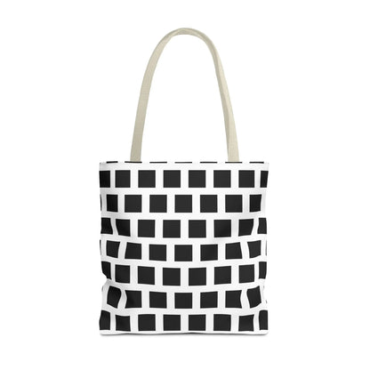 White canvas tote bag with black square pattern and beige handles versatile and durable shoulder bag