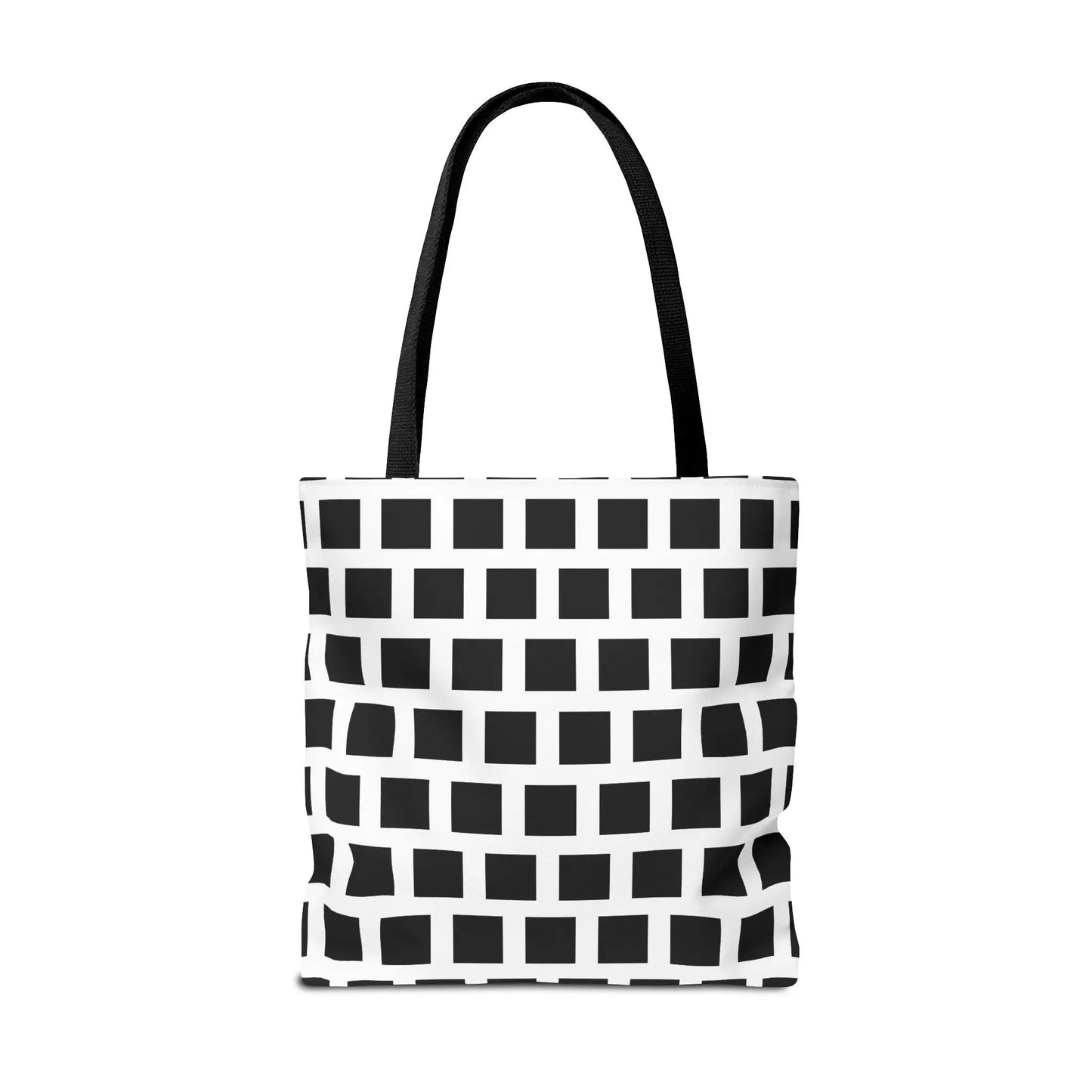 Black and white tote bag with black square pattern and fabric handles for versatile and durable shoulder use
