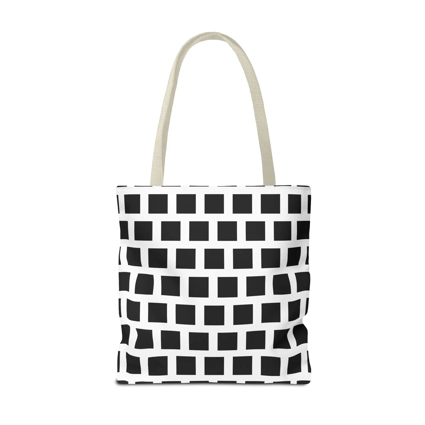 A white canvas tote bag with a black square pattern and light beige handles perfect for everyday use